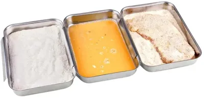 Zdjęcie produktu dla Zestaw do panierowania 3-częściowy ze stali nierdzewnej, miseczki 23 x 15 x 3 cm, do zmywarki