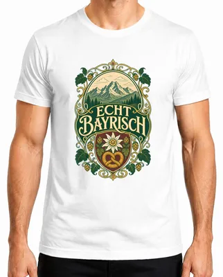 Productafbeelding van Echte Beierse Alpen, berglandschap, edelweiss, traditioneel kledingstuk, leren broek, , heren T-shirt, wit, maat L