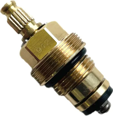 A close-up studio shot of a brass valve stem.