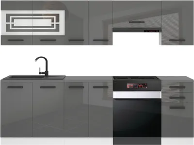 Produktbild von Belini Küchenzeile Küchenblock Lily - Küchenmöbel 240 cm Einbauküche Vollausstattung ohne Elektrogeräten mit Hängeschränke und Unterschränke, mit Arbeitsplatten, Silber Hochglanz