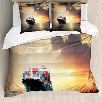 Obrázek produktu pro ABAKUHAUS námořní povlečení, kontejnerová loď na oceánu na hladké vodní hladině při západu slunce, 155 x 220 cm + 80 x 80 cm, vícebarevné