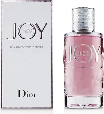 A product shot of Dior Joy Intense Eau de Parfum for women, with its packaging box to the left.