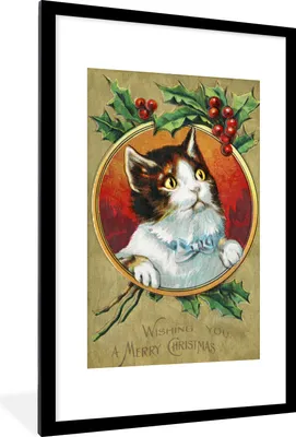 Produktbild von MuchoWow® Gerahmtes Poster Weihnachten - Kunst - Katze 60x90 cm - Poster mit Schwarzem Bilderrahmen Wandposter Rahmen Foto Bilder - Dekoration - Wandposter Wohnzimmer - Hochwertig
