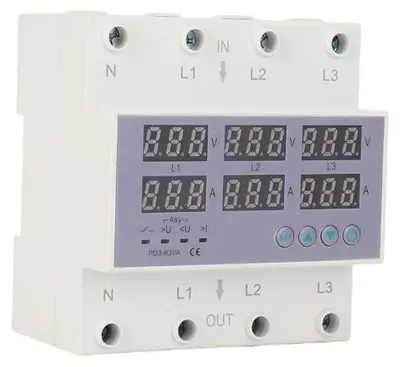 Productafbeelding van 3-fasen DIN-rail Voltmeter Ampèremeter met overspanningsbeveiliging, 63A