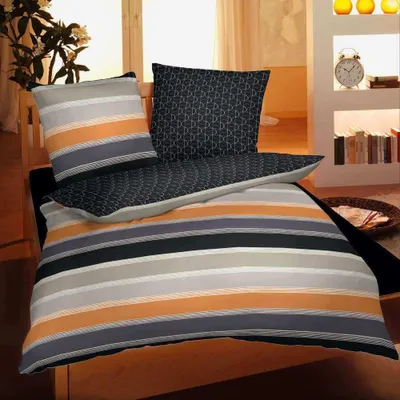 Zdjęcie produktu dla Pościel Magita Satin w beżowo-pomarańczowe paski, 100% bawełna, poszewka na kołdrę z zamkiem błyskawicznym, poszewka na poduszkę, komplet pościeli, zestaw pościeli 155x220 cm, szary