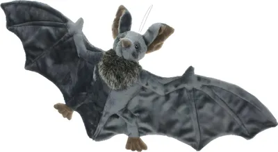 A plush toy bat is shown against a white background.