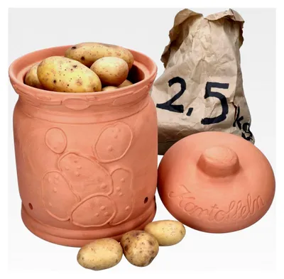 Produktbild von Kartoffeltopf aus Terrakotta I Ø 19,3 cm I Tontopf mit Deckel für die Küche I Aufbewahrungsdose mit Relief und Schriftzug I Ideal für die Lagerung