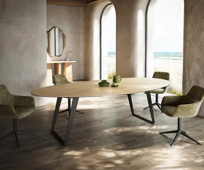 Produktbild von DELIFE Esstisch Edge Oval 280x130 cm Keramik Laminam® Sabbia Eichefarbig Metall Schräg Schwarz