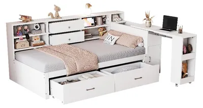 Immagine prodotto di Letto a castello 90x200 cm in legno bianco, con 2 ampi cassetti, vani contenitori nascosti, scaffali, prese USB, presa di corrente e scrivania estraibile