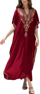 Produktbild von Damen-Strandkleid aus Polyester mit Blumenmuster, langes Kaftan-Design, Einheitsgröße