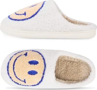 Produktbild von ASKSA Hausschuhe Smiley Damen Herren Winter Warme Plüsch Emoji Haus Pantoffeln, Weiß, Größe: 40-41