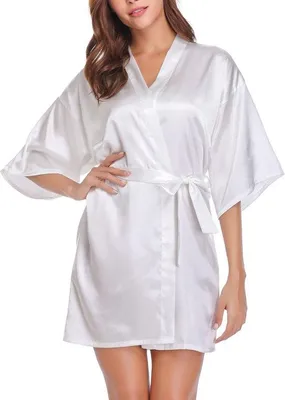 Produktbild von Leichtes Satin-Kimono-Badjas mit Gürtel weiß XL