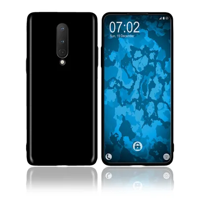 A black phone case is shown next to a smartphone displaying the time and date.