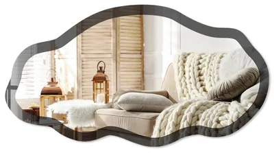 Imagen del producto de Espejo de pared moderno con un borde decorativo, de 90x45 cm. Espejo asimétrico de diseño libre, ideal para decorar salones, recibidores y dormitorios. Color:, Imagen generada por IA