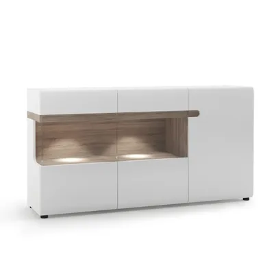 A white and wood sideboard with glass doors and interior lighting, presented on a white background.