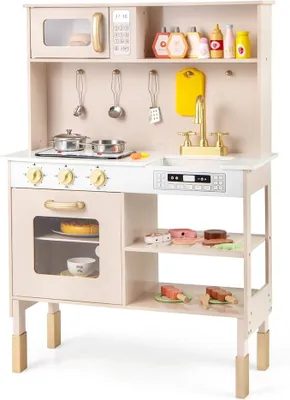 Imagen del producto de Cocina infantil, cocina de juguete con altura ajustable, que incluye accesorios de cocina con luz y sonido. Cocina de madera con microondas, hornilla, fregadero y horno. Cocina de juguete para niños a partir de 3 años