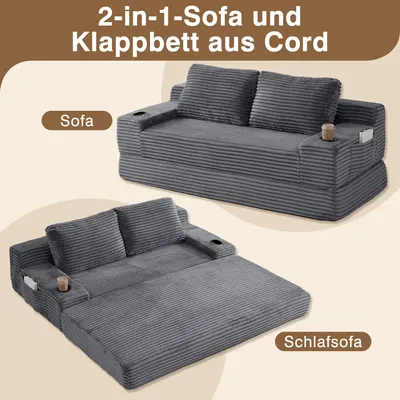 Produktbild von Cord Schlafsofa 2-in-1, Klappsofa mit Getränkehalter und Stauraum