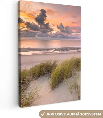 Produktbild von MuchoWow® - Leinwandbilder - Sonnenuntergang - Düne - Strand - Pflanzen - Meer, Wandbild, Wanddeko Bilder Wohnzimmer, 60x90 cm