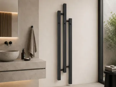 Immagine prodotto di Radiatore da bagno Fabiano - con ganci per asciugamani - attacco laterale - 251 W - nero opaco - 1200x220 mm