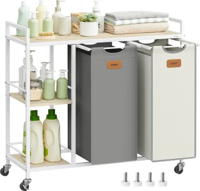 Produktbild von VASAGLE Wäschekorb 2 Fächer,Wäschesammler 100 L,Rollen, Wäschewagen mit Ablagen