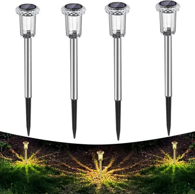 Zdjęcie produktu dla Lampy solarne do ogrodu, wodoszczelne (IP65), zestaw 4 sztuk, światło ciepłobiałe (3000K), idealne na balkon i taras
