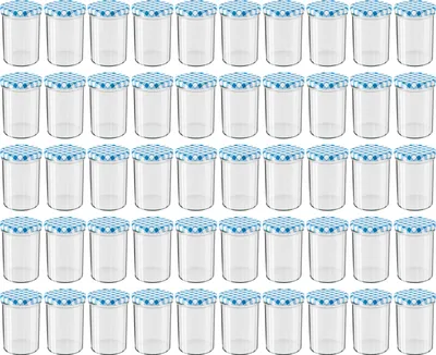 Produktbild von WELLGRO Einmachgläser mit Schraubdeckel - 435 ml, 8,5 x 12 cm (ØxH), Glas / Metall, blau karierte Deckel To 82, Gläser  Germany, verschiedene Mengen wählbar