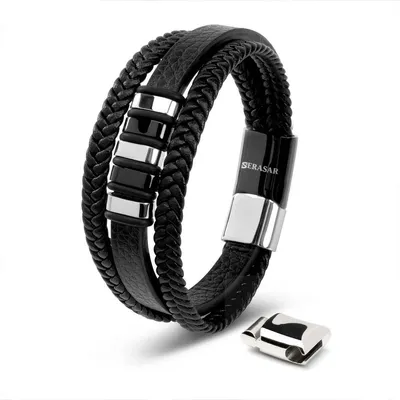 Obrázek produktu pro SERASAR | Pánský Kožený Náramek [Glory] z Stainless Steel | Barva: Stříbrný | Délka: 23cm