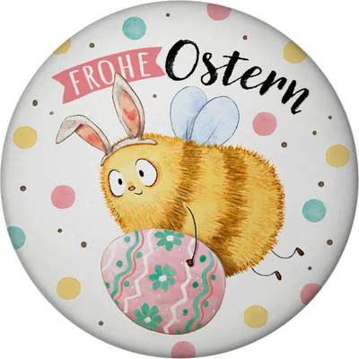 Produktbild von Pummel Biene Magnet rund mit Spruch Frohe Ostern