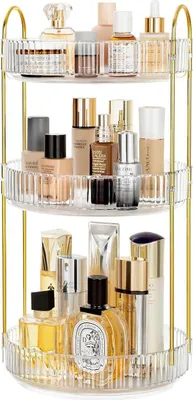Obrázek produktu pro Organizér na make-up otočný o 360 stupňů, třípatrový organizér na make-up a úložný prostor s velkou kapacitou, organizér na kosmetiku pro produkty péče o pleť a parfémy