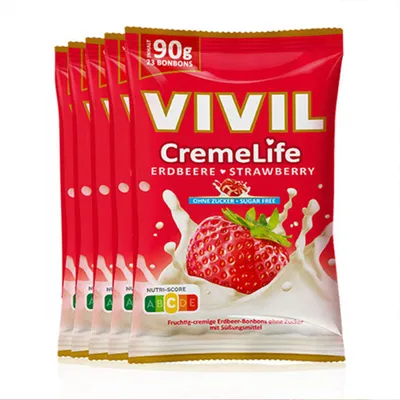 A stack of VIVIL CremeLife strawberry flavored sugar-free candies.