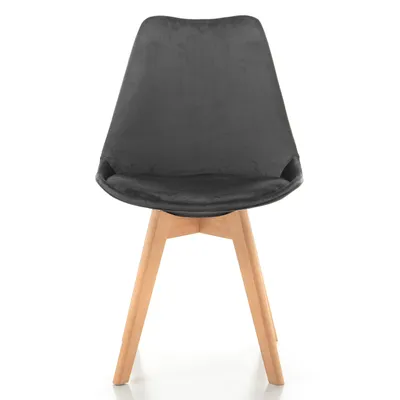A gray velvet chair with wooden legs on a white background.