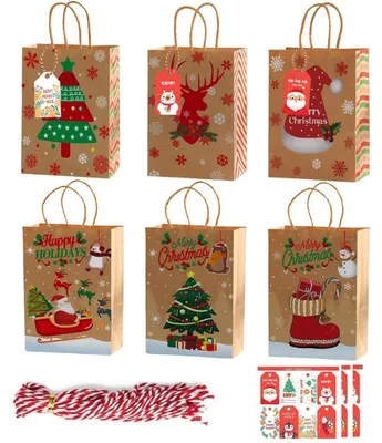 Image de Sacs cadeaux de Noël, 24 pièces, en papier kraft avec des cartes, 6 motifs différents, petits, avec des poignées, dimensions : 21 x 15 x 8 cm