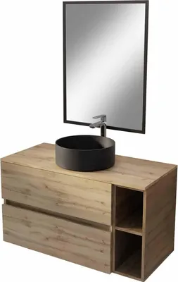 Image de Meuble salle de bains 100 TIMBERReproduction Chêne Tiroirs + Niches - Vasque Noire - Miroir Bords Noirs