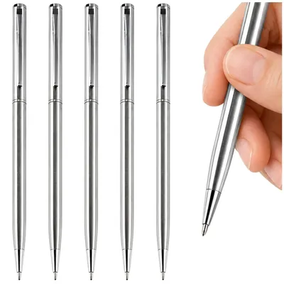 Productafbeelding van Slanke, zilverkleurige metalen balpen, praktische set van 5 stuks