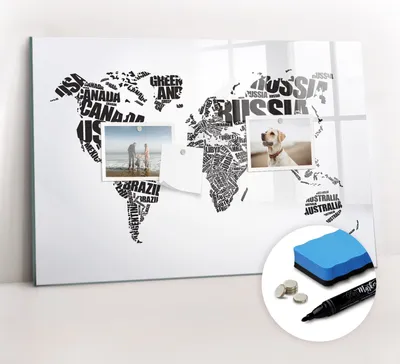 Produktbild von Magnetpinnwand Memoboard - Zubehörsatz - Schwarzer Marker + Schwamm + Magnete - 60 x 40 cm - Weltkarte mit Inschriften