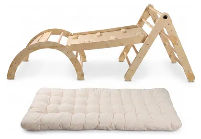 Obrázok produktu pre Lezecká súprava Buxibo Mini – lezecký trojuholník a lezecký oblúk s vankúšmi a lezecká rampa so šmýkačkou – Montessori hravá gymnastika – 176 x 47 x 59 cm – prírodné farby