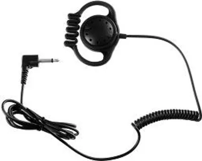 A black coiled earpiece with a 3.5mm jack connector is shown against a white background.