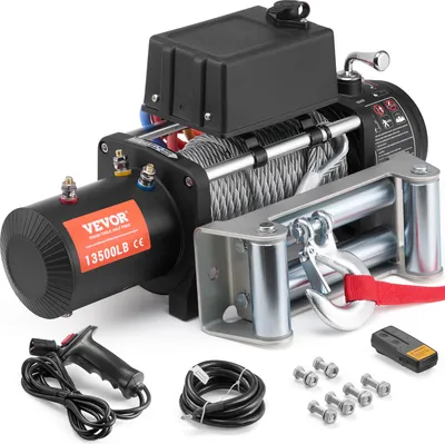 A VEVOR electric winch and its accessories are displayed on a white background.