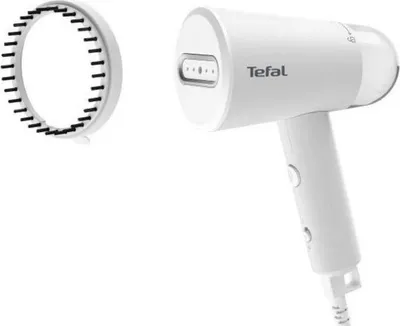 A white Tefal travel garment steamer and a circular brush attachment are displayed against a white background.
