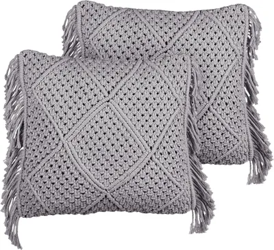 Obrázek produktu pro BELIANI Sada 2 dekorativních polštářů šedá bavlna 45 x 45 cm makramé se střapci boho retro styl doplňky