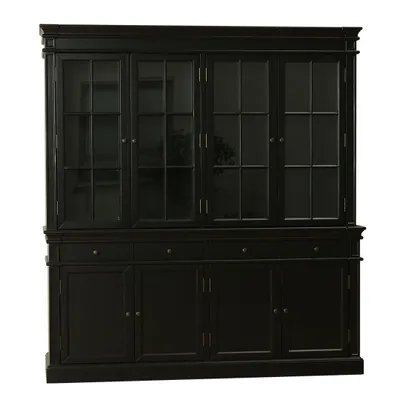 A black wooden display cabinet with glass doors and drawers.