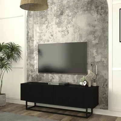 Produktbild von TV-Lowboard 'Verpsboga' mit 2 Klapptüren kurzes Gestell 135 x 32 x 47 cm Schwarz