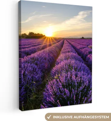 Produktbild von MuchoWow® - Leinwandbilder - Lavendel - Blumen - Sonnenuntergang - Lila, Wandbild, Wanddeko Bilder Wohnzimmer, 60x80 cm
