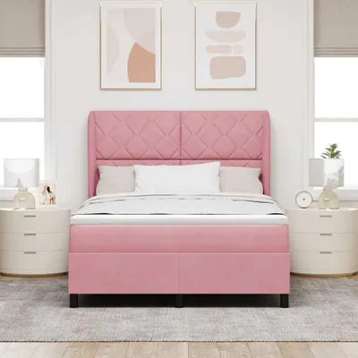 Imagen del producto de Cama con somier y colchón, con cabecero, color rosa, 140 x 190 cm, tapizada en terciopelo