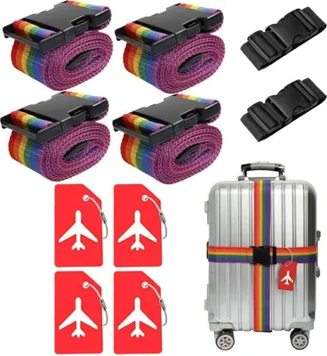 Produktbild von 10-teiliges Kofferzubehör-Set: Koffergurte, Kofferanhänger, Gepäckgurte, bunt, verstellbar