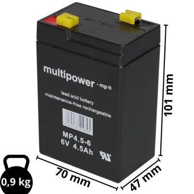 Zdjęcie produktu dla Akumulator kwasowo-ołowiowy Multipower MP4.5-6 Pb 6V 4.5Ah Faston 4.8