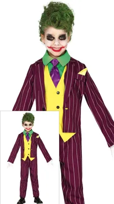 Productafbeelding van Mr. Smile Halloween avonturenkostuum voor kinderen, verkleed als een boze clown/nar, paars en geel. Origineel partyoutfit, creatief en leuk, met een ondeugende glimlach. Maat: 98/104. Kleur: paars