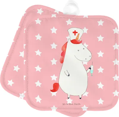 Produktbild von Mr. & Mrs. Panda Topflappen Einhorn Krankenschwester - Rot Pastell - Geschenk, Krankenpfleger, topfhalter, 2er Set, Unicorn, Topfuntersetzer, Krankenpflegerin, Kochlappen
