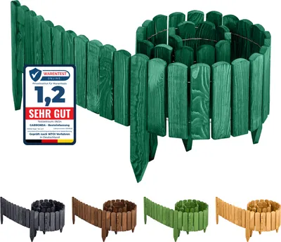 A green wooden garden border fence is shown coiled and uncoiled, with smaller examples in different colors below. A 'Warentest Online' badge is visible on the main green fence.