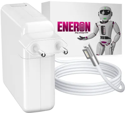 A white laptop charger and cable are displayed next to a box with a robot graphic and brand name.
